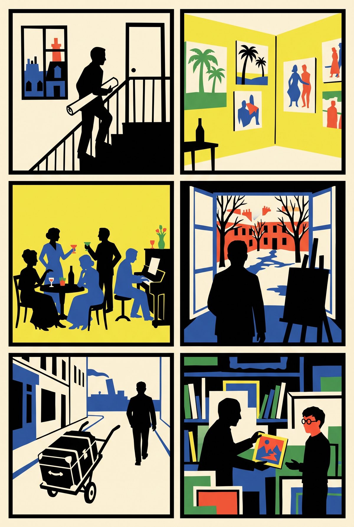 Six-panel comic strip of Gauguin's yellow studio