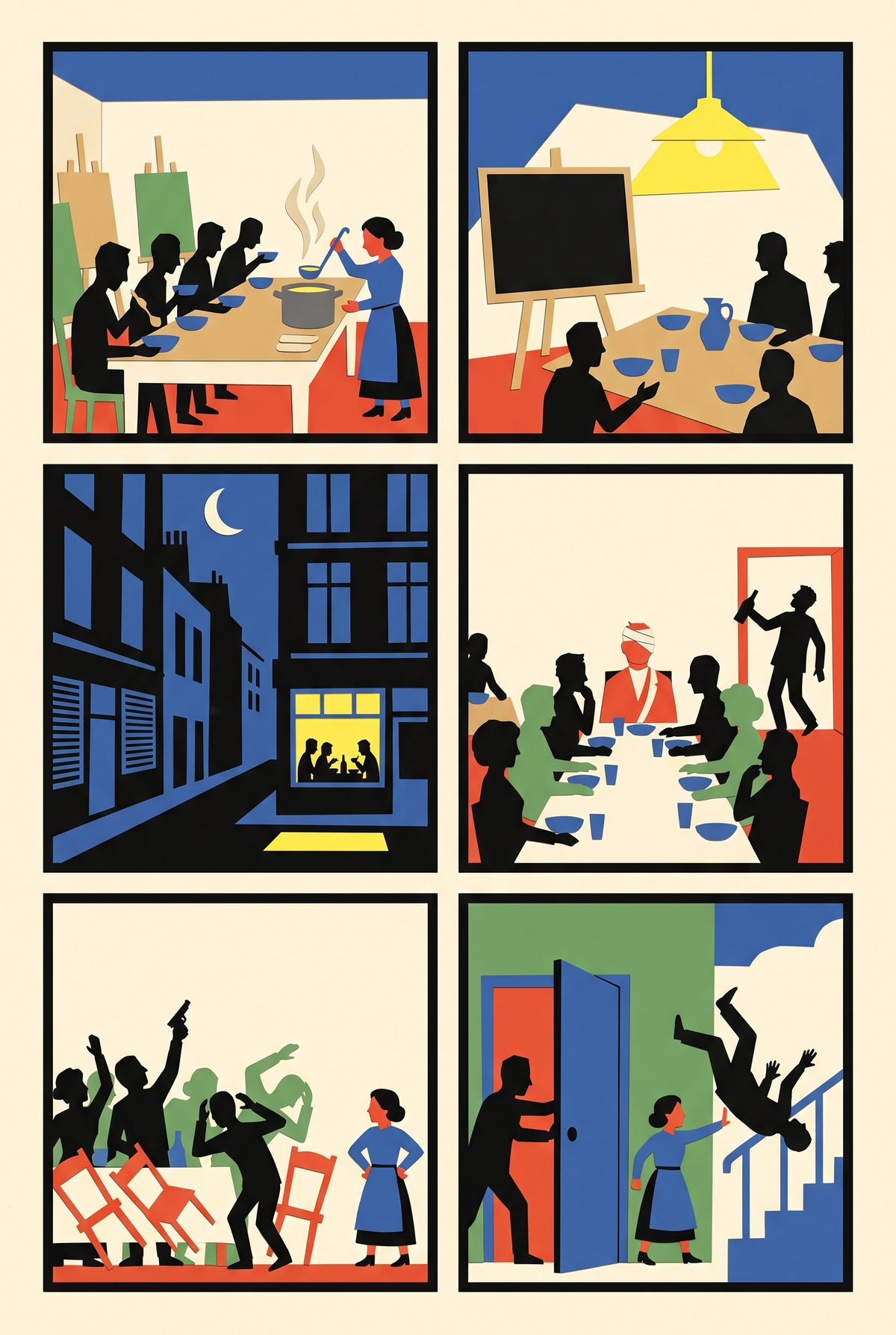 Six-panel comic strip of the canteen and the 1917 banquet