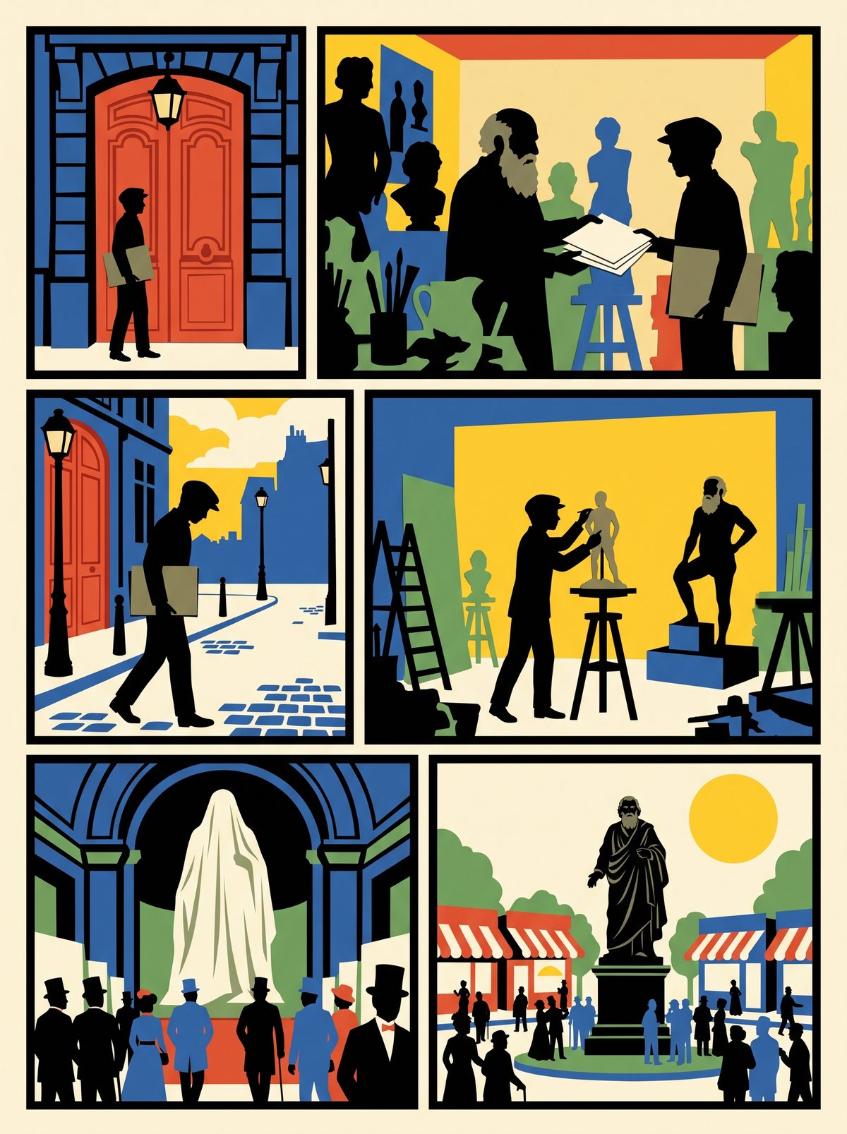Six-panel comic strip of Rodin sending the young Matisse away