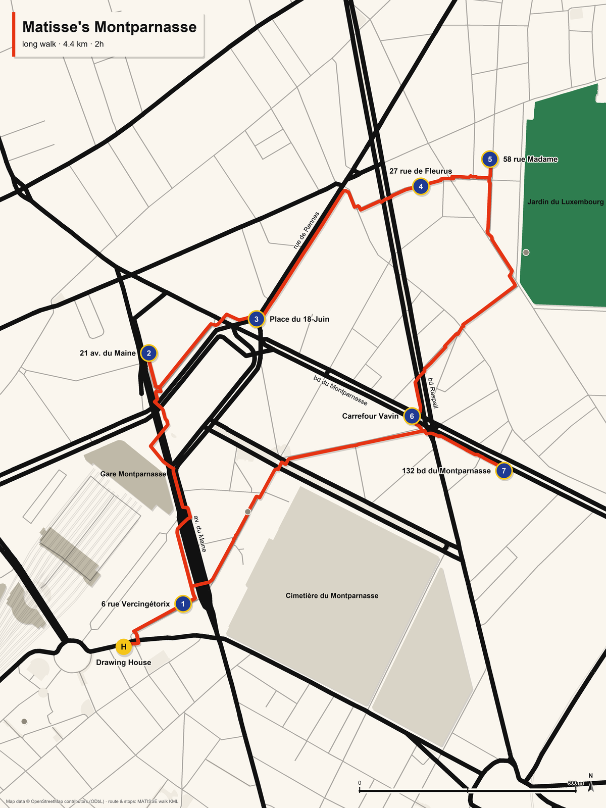 Map of the long walk, with 27 rue de Fleurus and 58 rue Madame added