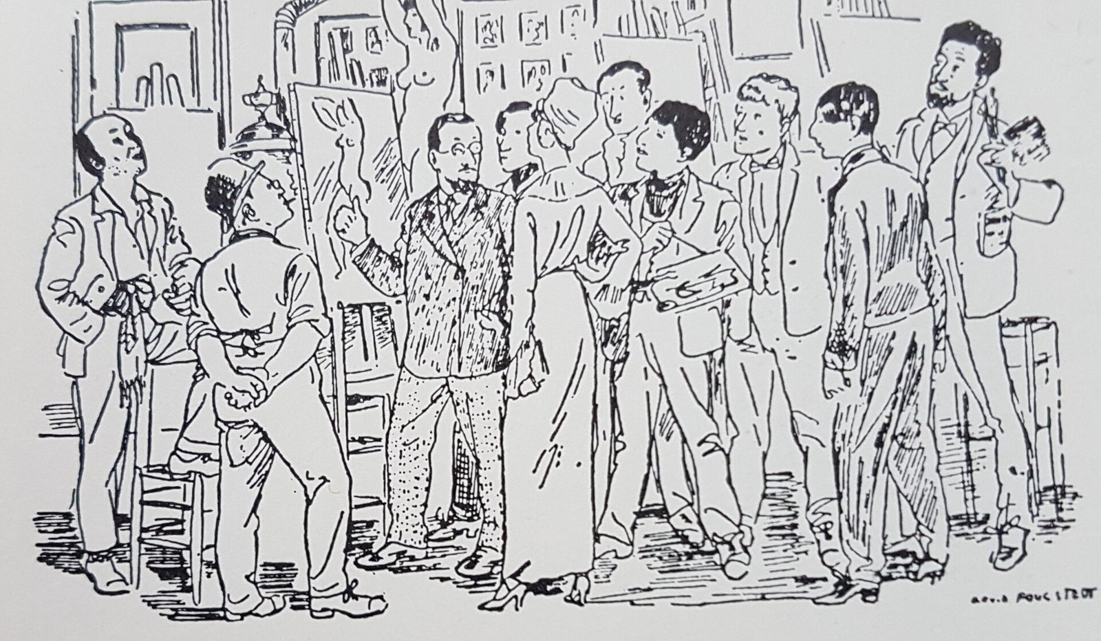 Drawing of Matisse surrounded by his Swedish students