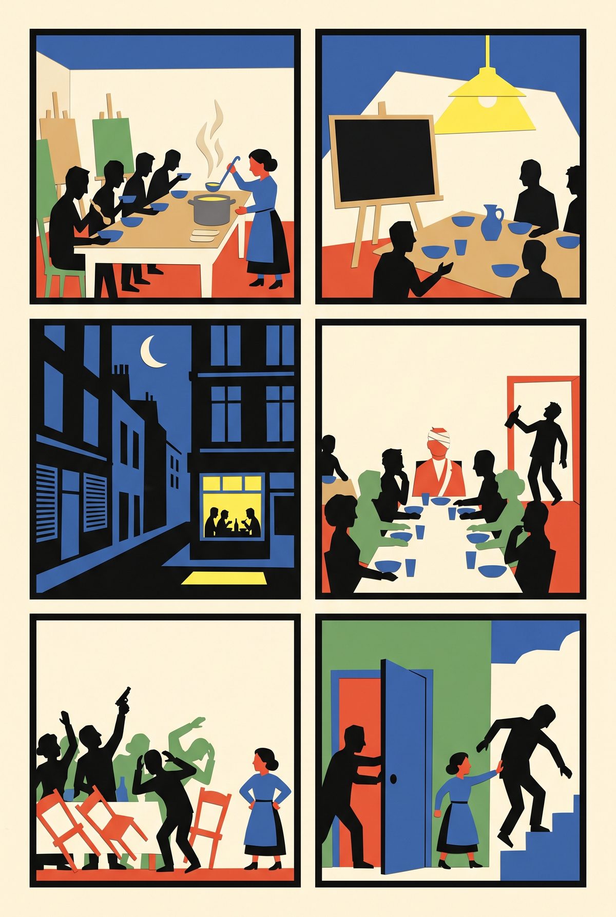 Six-panel comic strip of the canteen and the 1917 banquet