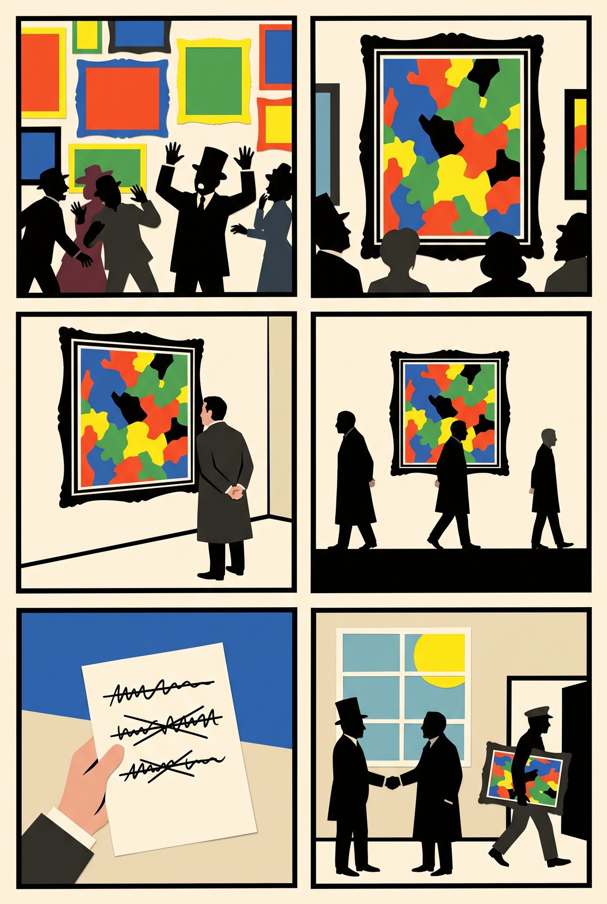 Six-panel comic strip of the sale of Woman with a Hat