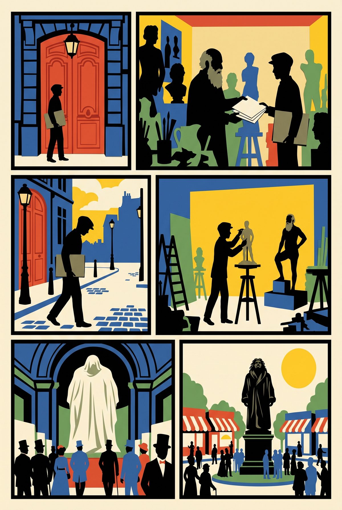 Six-panel comic strip of Rodin sending the young Matisse away
