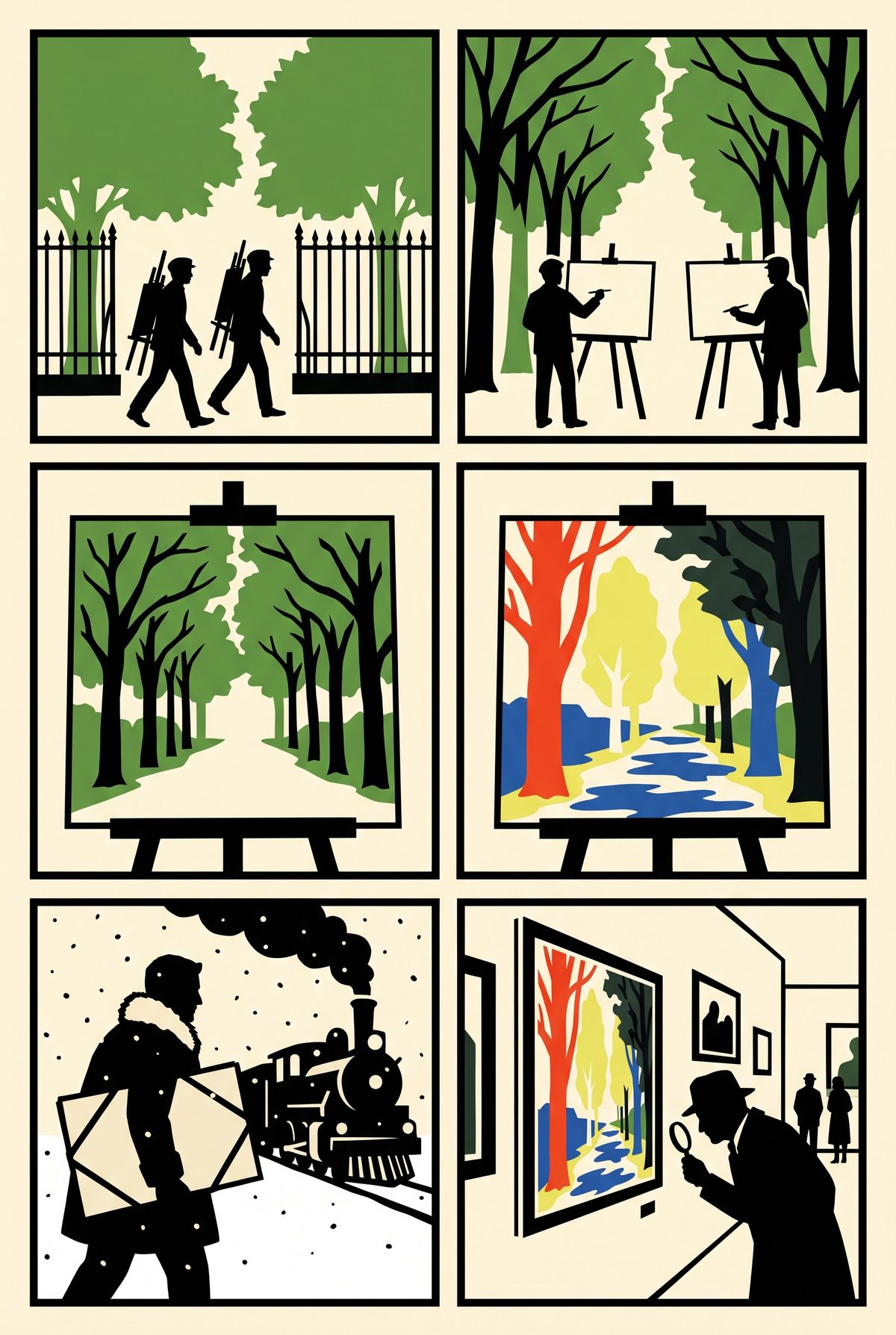 Six-panel comic strip of two friends painting the garden