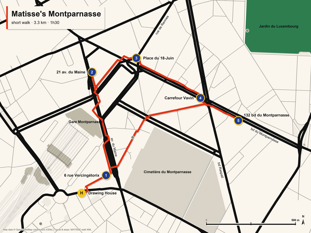 Map of the short walk: five numbered stops on a loop from the hotel through Montparnasse